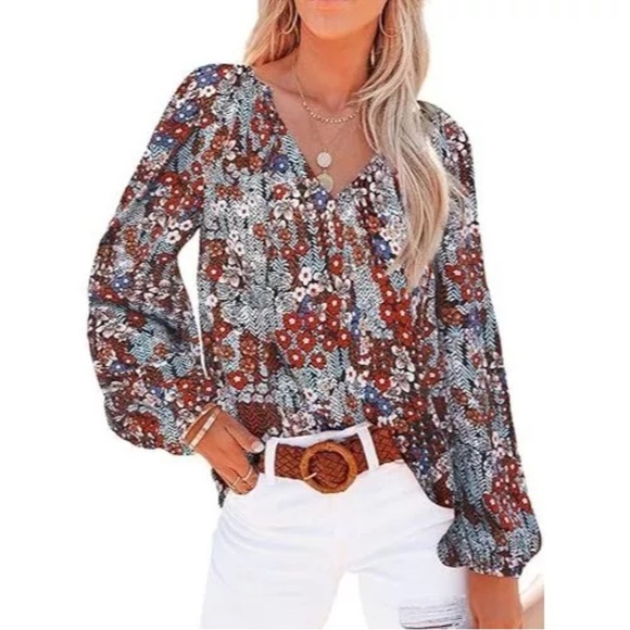 Casual Boho Sheer Floral Print V Neck Long Sleeve Tunic Lined Red and Blue - Picture 12 of 12